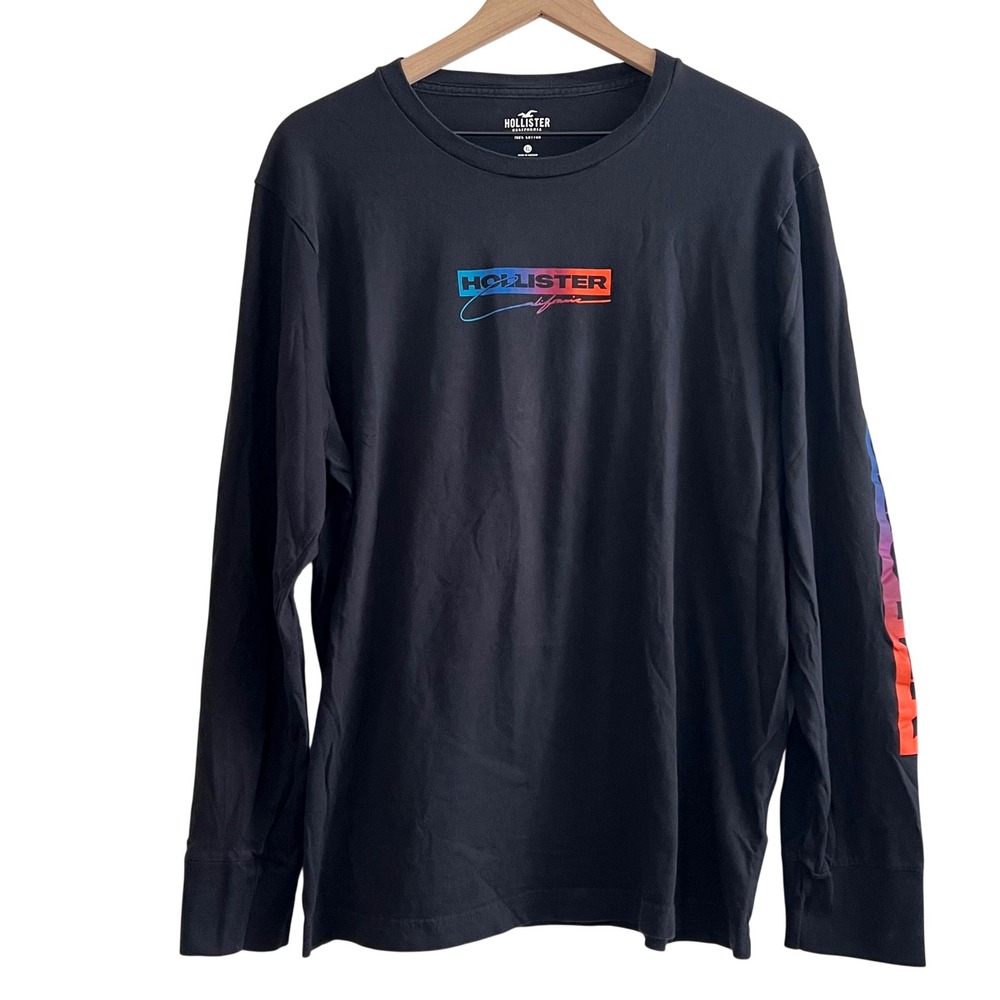 Hollister Men's XL Black Long Sleeve Gradient Logo Graphic T-Shirt 100% Cotton
